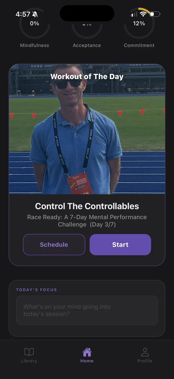 Relentless home screen with the workout of the day, Control The Controllables, from James Goodall's Race Ready program